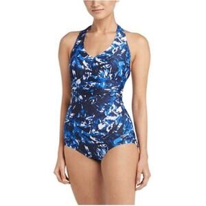 Speedo One Piece Swimsuit Womens Size M Blue + White Tie Halter Neck